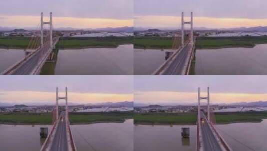 航拍夕阳下曹娥江章镇大桥高清在线视频素材下载