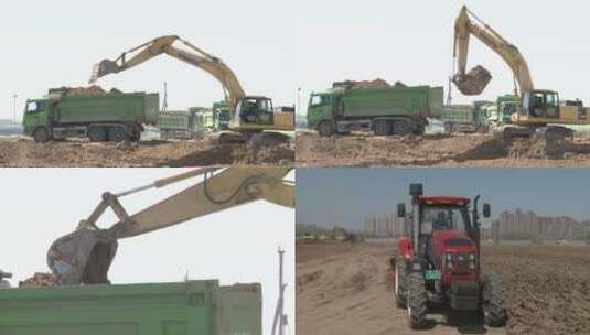 施工工地 拉土车 挖掘机 土方运输工程车辆高清在线视频素材下载