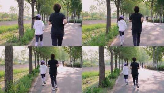 清晨跑步晨练的中国母女高清在线视频素材下载