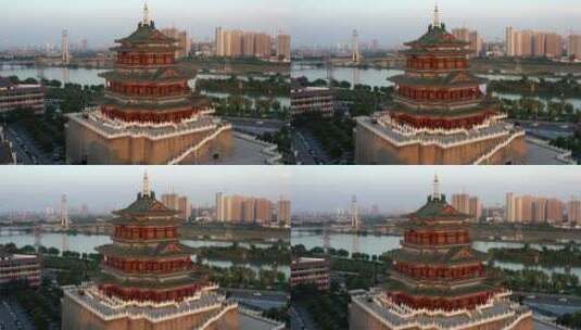 陕西省咸阳市清渭楼美术馆日落航拍高清在线视频素材下载