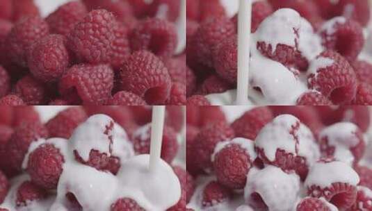 树莓冰淇淋与新鲜牛奶树莓超级慢动作高清在线视频素材下载