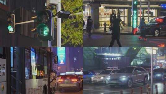 城市夜晚道路红绿灯车流公交站出租车高清在线视频素材下载