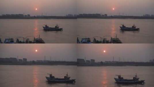 江边日落渔船河边日落日出河流黄昏夕阳水面高清在线视频素材下载