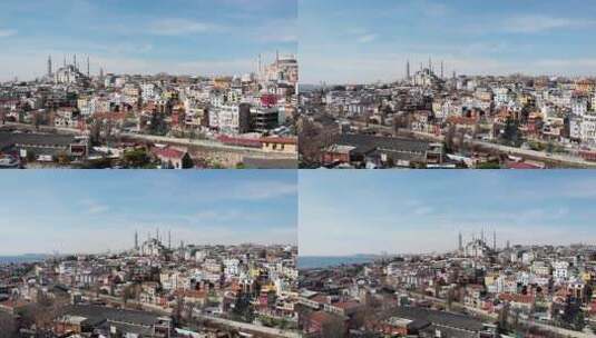 密封伊斯坦布尔春天的鸟瞰图。低矮房屋和雄伟清真寺的屋顶高清在线视频素材下载
