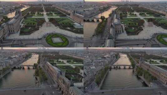 城市航拍巴黎卢浮宫博物馆塞纳河日出汽车高清在线视频素材下载