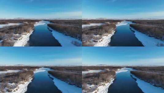 航拍呼伦贝尔河流湿地初春雪景高清在线视频素材下载