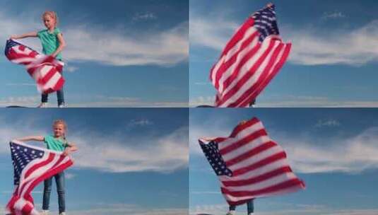 夏季美国国旗之国，金发女孩在蓝天上挥舞美国国旗高清在线视频素材下载