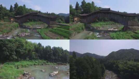 浙江温州泰顺县田间廊桥航拍高清在线视频素材下载