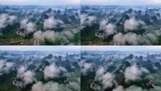 高空俯瞰桂林喀斯特山间穿行的公路高清在线视频素材下载