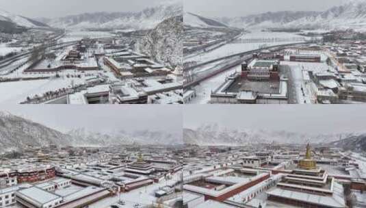 冬季雪景雪山拉卜楞寺县城建筑航拍高清在线视频素材下载