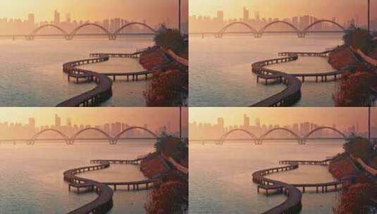 长沙湘江福元路大桥日出航拍高清在线视频素材下载