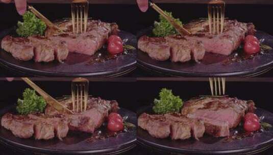 西餐厅餐饮菲力牛排煎牛排切牛排美食高清在线视频素材下载