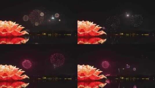 巨型牡丹花上的烟花秀表演高清在线视频素材下载