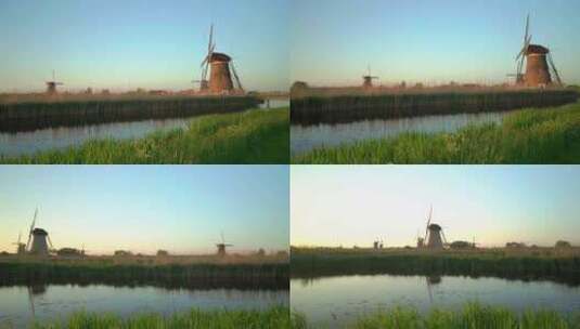 荷兰风车在农业中下午荷兰乡村景观高清在线视频素材下载