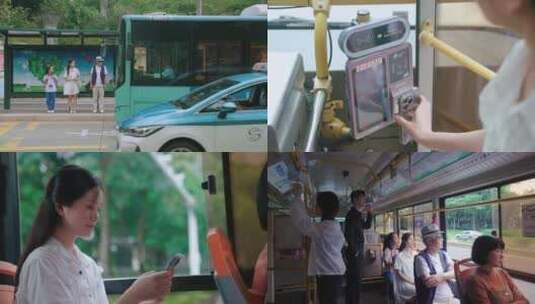 公交车刷卡扫码 男女老少乘车高清在线视频素材下载