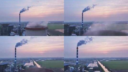 夕阳下火力发电厂航拍高清在线视频素材下载