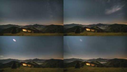 群山星空中的星星和月光下雾蒙蒙的乡村景观高清在线视频素材下载