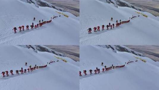 航拍攀登冰川之父慕士塔格峰雪山的登山队高清在线视频素材下载