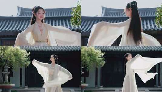 古装女子在庭院轻纱曼舞高清在线视频素材下载