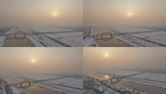 冬天雪后夕阳下的河流和桥梁高清在线视频素材下载