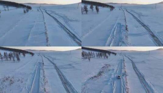 山野雪原冰雪道路汽车高清在线视频素材下载