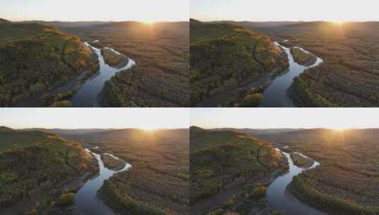 油画般金秋黎明蜿蜒的森林河高清在线视频素材下载