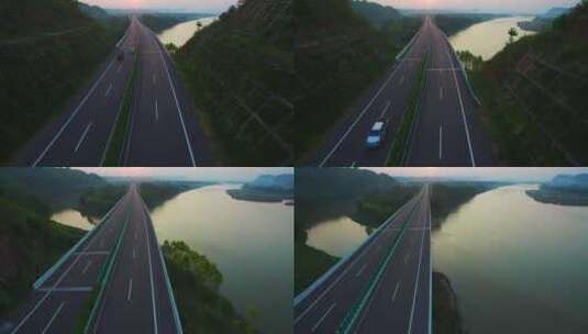 航拍中国基础建设河边的高速公路夕阳美景高清在线视频素材下载