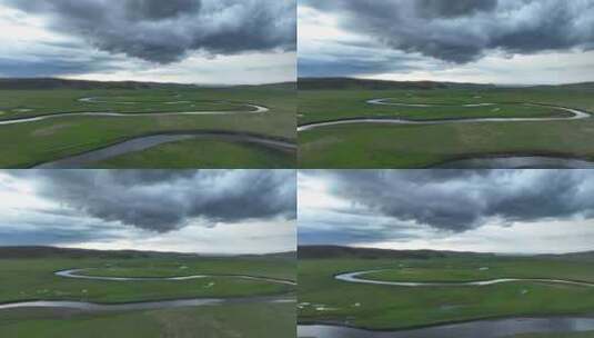 阴云笼罩草原牧场河流高清在线视频素材下载