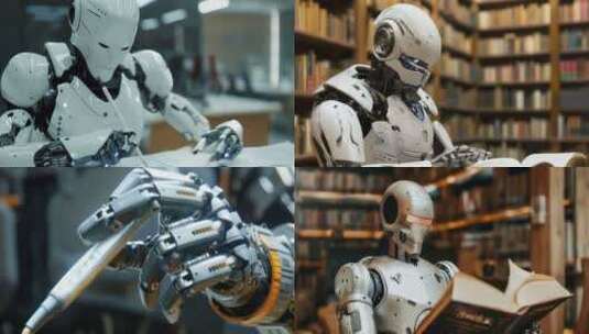 机器人看书学习4K高清在线视频素材下载