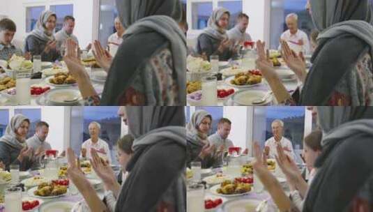 现代多民族穆斯林家庭在斋月盛宴期间一起开高清在线视频素材下载
