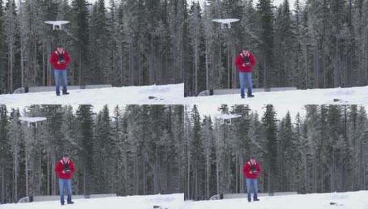 雪后男人在公园里操控无人机高清在线视频素材下载