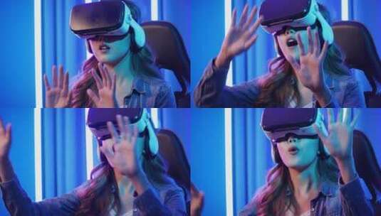 女人体验VR虚拟游戏高清在线视频素材下载