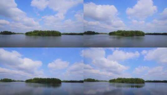 湖泊湖心岛植被沙洲延时蓝天白云湖水水库高清在线视频素材下载