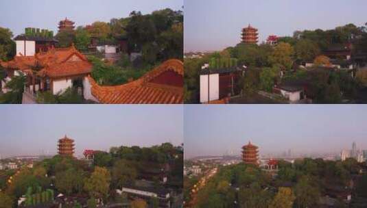 航拍湖北武汉地标晨曦中的黄鹤楼高清在线视频素材下载