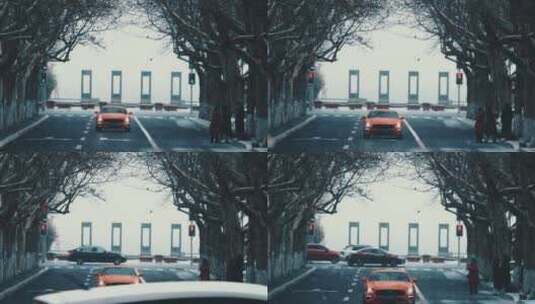 驶过威海陶瓷路的一台红色野马汽车高清在线视频素材下载