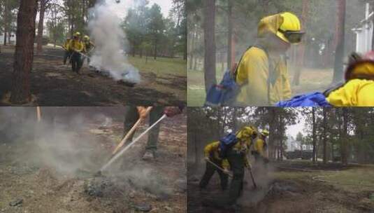 森林火灾后消防员清理现场高清在线视频素材下载