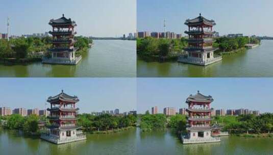东莞航拍华阳湖湿地公园腾龙阁右环绕高清在线视频素材下载