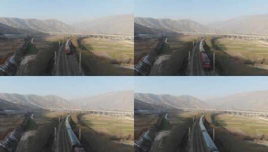 大山中绿皮火车穿过航拍视频4K高清在线视频素材下载