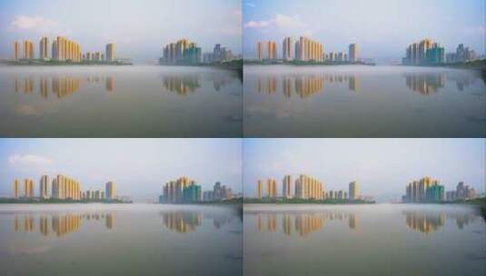 天空之镜航轻雾缭绕的乐昌武江之晨高清在线视频素材下载
