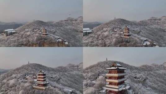 航拍焦作云台山峰林峡山脉冬季雾凇雪景高清在线视频素材下载