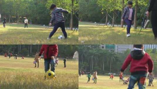 草地 周末 公园 游玩 踢球 儿童 足球高清在线视频素材下载