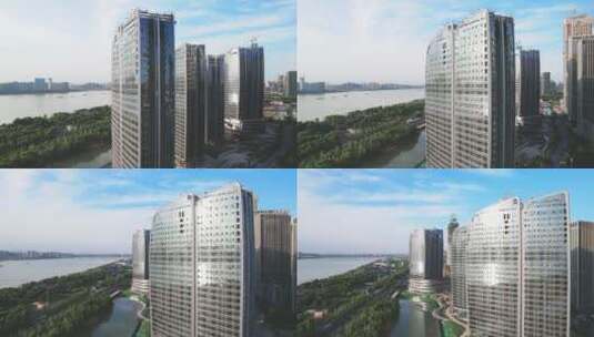 杭州奥体中心江边现代玻璃幕墙高层建筑高清在线视频素材下载
