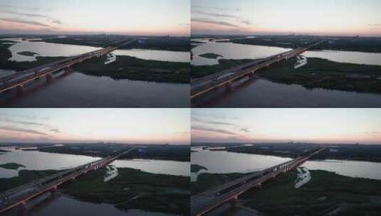 哈尔滨公路大桥夜景航拍高清在线视频素材下载