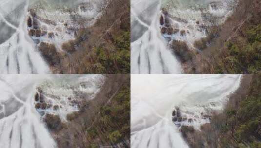 航拍4K高清森林中结冰的湖泊河流高清在线视频素材下载