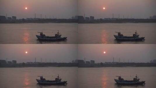 江边日落渔船河边日落日出河流黄昏夕阳水面高清在线视频素材下载