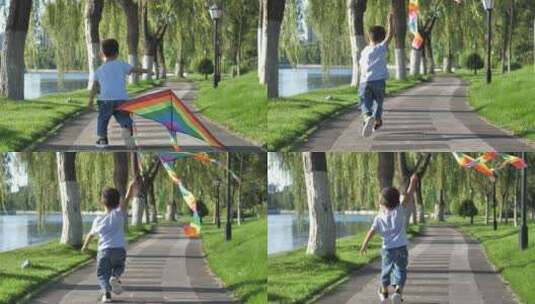 小朋友在公园树林中放风筝高清在线视频素材下载
