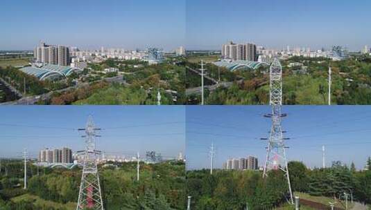 城市风景输电线路电线航拍素材高清在线视频素材下载