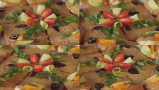 黄瓜番茄橄榄和罗勒肉片三明治高清在线视频素材下载