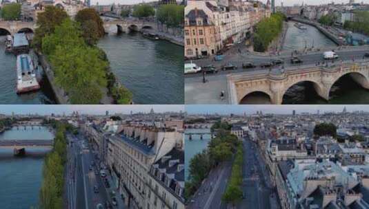 城市航拍法国巴黎塞纳河畔游艇桥梁汽车交通高清在线视频素材下载