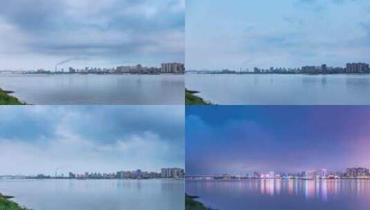 江西九江市黄昏入夜风起云涌的江畔风景延时高清在线视频素材下载